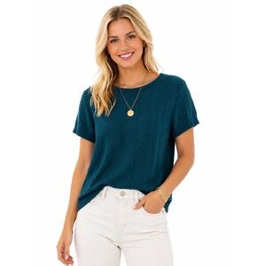 Sugar & Rose Teal Cable Knit Short Sleeve Crew Neck Top S/M‎ Peacock Minimalist